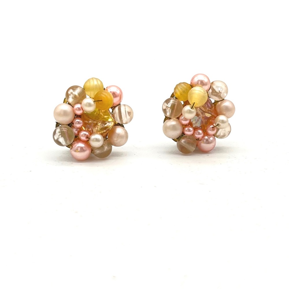 Vintage Pastel Pink Amber Beaded Cluster Clip On Earrings Gold Tone Filigree